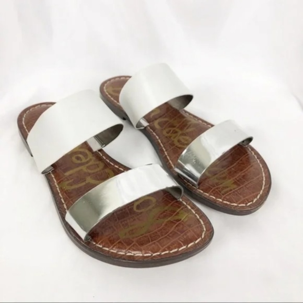Sam Edelman Slides Krista Metallic Silver/White Flat Sandals Sz 7 Two Strap